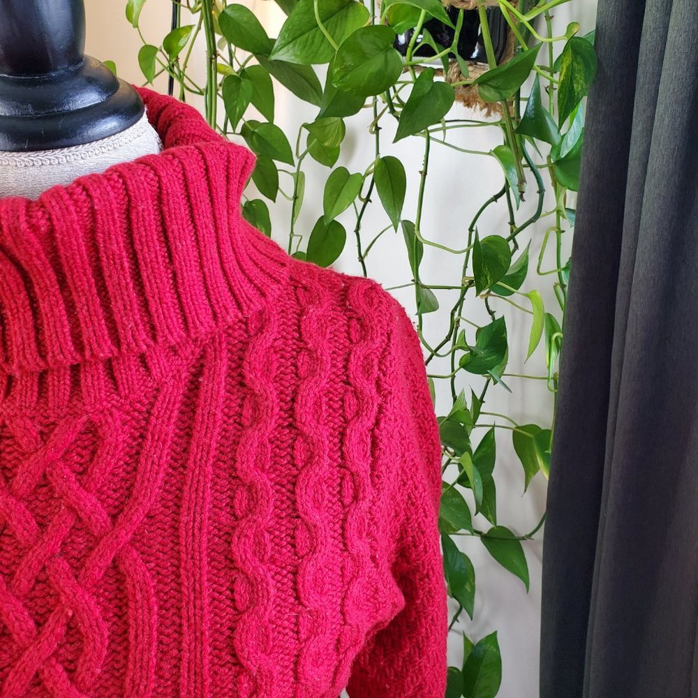 EDDIE BAUER | Turtleneck Cableknit Ribbed Hem Long Sleeve Red Sweater (Size M) - Picture 5 of 12